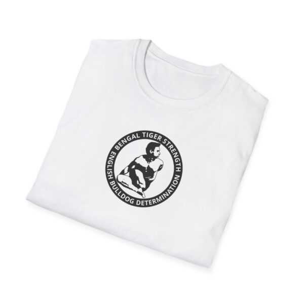 Certified by Bikram | Strength & Determination | white bg | Light Unisex Softstyle T-Shirt - Image 4