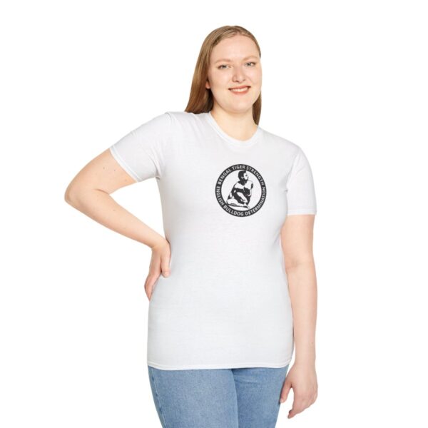 Certified by Bikram | Strength & Determination | white bg | Light Unisex Softstyle T-Shirt - Image 5