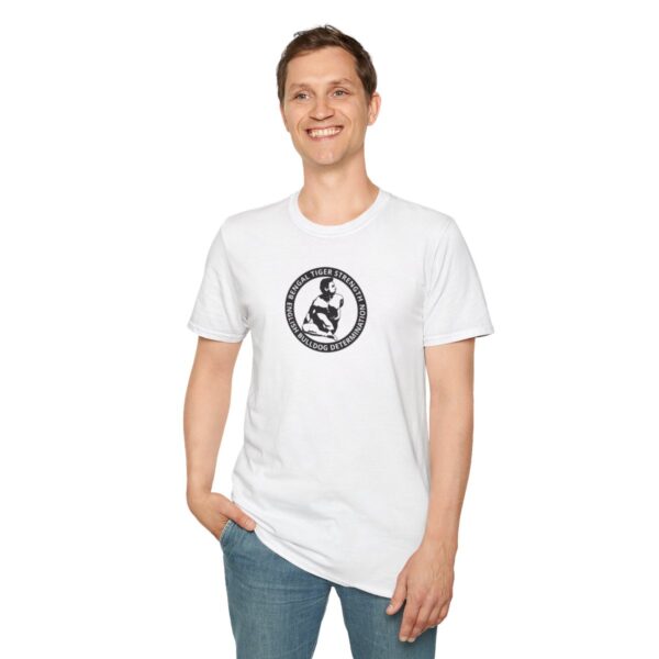 Certified by Bikram | Strength & Determination | white bg | Light Unisex Softstyle T-Shirt - Image 7