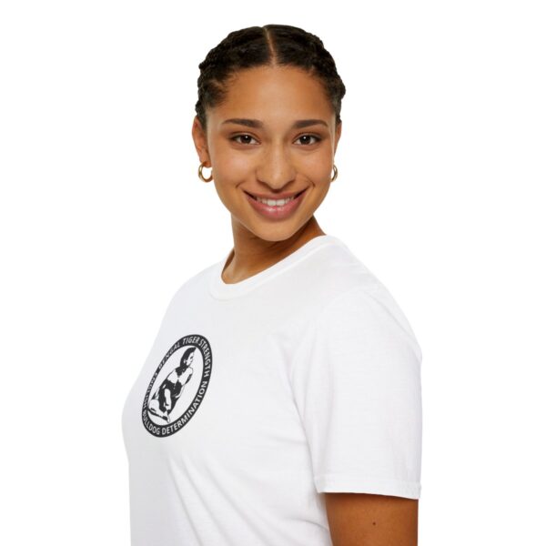 Certified by Bikram | Strength & Determination | white bg | Light Unisex Softstyle T-Shirt - Image 9