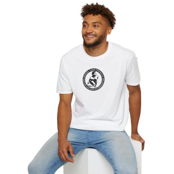 Certified by Bikram | Strength & Determination | white bg | Light Unisex Softstyle T-Shirt - Image 12